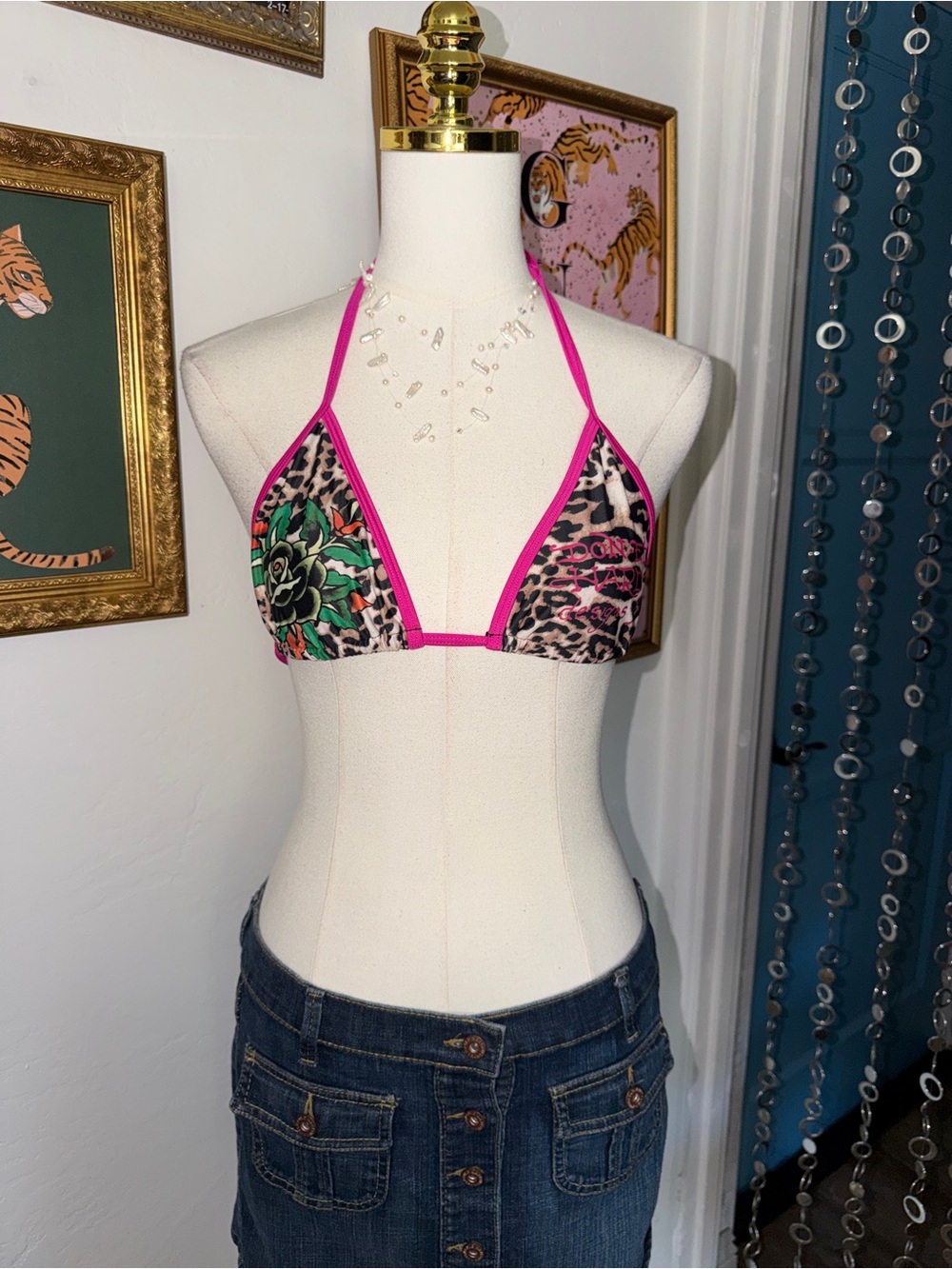 Y2K Ed Hardy Women’s Pink Trim Leopard Floral Triangle Bikini Top